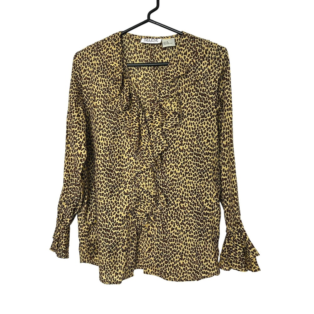 Vintage Selene Sport 100% Silk Blouse Women 6 Tan Leopard Ruffle Front Mobwife